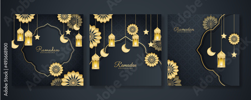Islamic ramadan kareem greeting card. Black gold ramadan holiday invitation template with mosque star moon crescent and gold Arabic pattern. Vector illustration.
