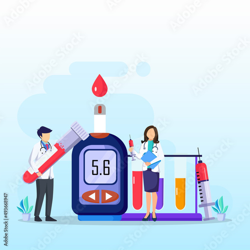 Medicine diabetes concept.  The doctor tests the level of glucose in the blood, prescribes statins. Flat vector illustration.