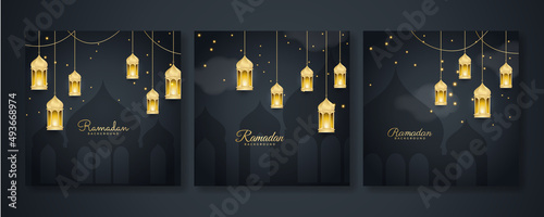 Islamic ramadan kareem greeting card. Black gold ramadan holiday invitation template with mosque star moon crescent and gold Arabic pattern. Vector illustration.