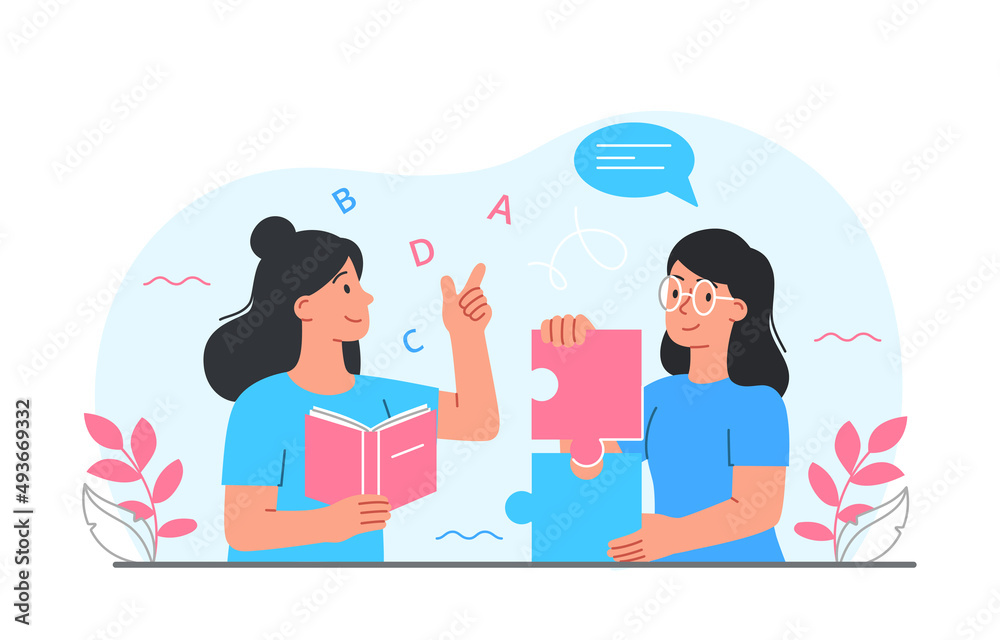 Private tutors concept. Girls communicate, student and teacher. Woman helps her friend with difficult topic. Education and self development. teacher and student. Cartoon flat vector illustration