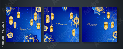 Islamic ramadan kareem greeting card. Biru gold ramadan holiday invitation template with mosque star moon crescent and gold Arabic pattern. Vector illustration.