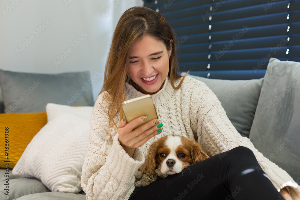 Obraz premium Laughing woman sits with her dog on her lap and looks at the phone