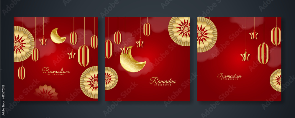 Islamic ramadan kareem greeting card. Red gold ramadan holiday invitation template with mosque star moon crescent and gold Arabic pattern. Vector illustration. Islamic ramadan kareem greeting card. Red gold ramadan holiday invitation template with mosque star moon crescent and gold Arabic pattern. Vector illustration.