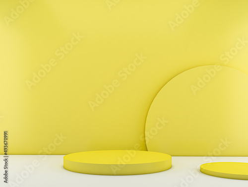 3D rendering yellow podium and yellow background on white floors.