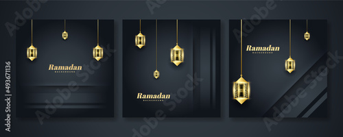Islamic ramadan kareem greeting card. Black gold ramadan holiday invitation template with mosque star moon crescent and gold Arabic pattern. Vector illustration.