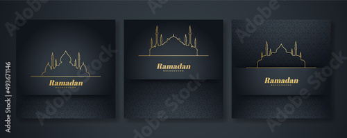 Islamic ramadan kareem greeting card. Black gold ramadan holiday invitation template with mosque star moon crescent and gold Arabic pattern. Vector illustration.