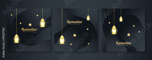 Islamic ramadan kareem greeting card. Black gold ramadan holiday invitation template with mosque star moon crescent and gold Arabic pattern. Vector illustration.