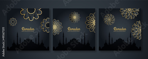 Islamic ramadan kareem greeting card. Black gold ramadan holiday invitation template with mosque star moon crescent and gold Arabic pattern. Vector illustration.