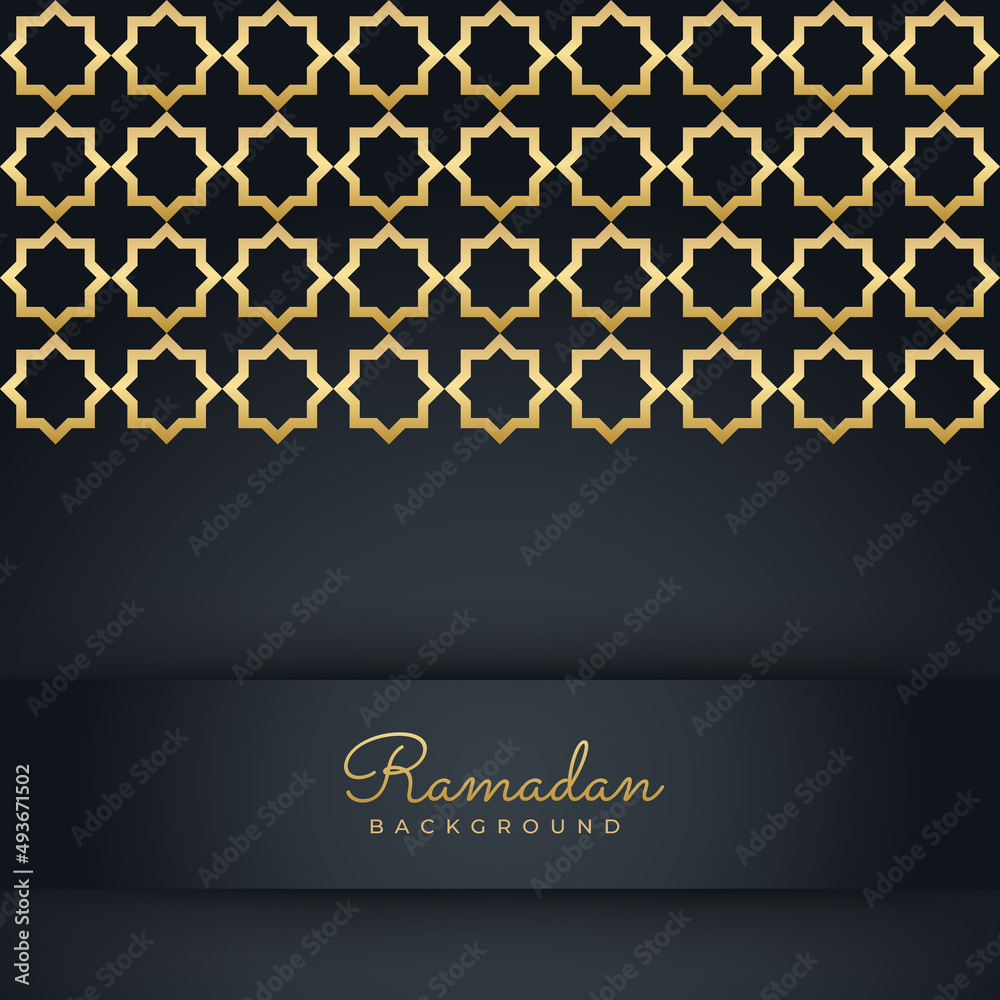 Islamic ramadan kareem greeting card. Black gold ramadan holiday invitation template with mosque star moon crescent and gold Arabic pattern. Vector illustration.