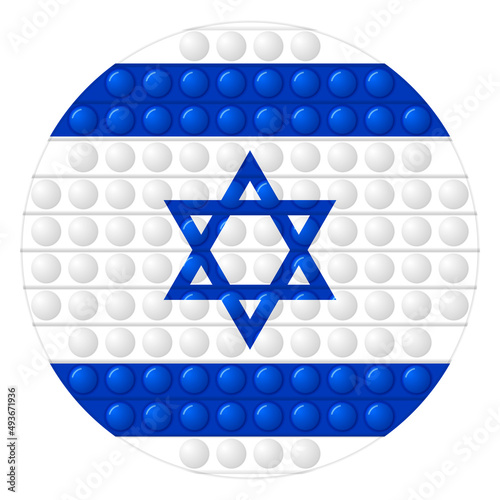 Glass light ball with flag of Israel. Round sphere, template icon. Israeli national symbol. Glossy realistic ball, 3D vector illustration. Trendy antistress game pop it, simple dimple. Big bubble