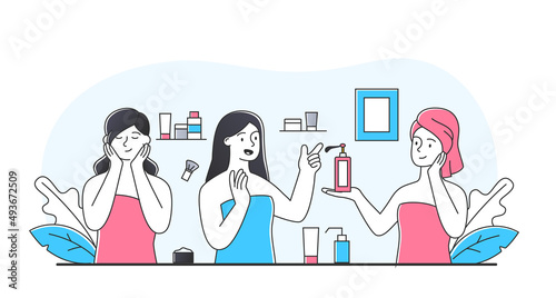 Natural cosmetics concept. Girls in bathroom exchange creams and drugs. Lotions and skin care. Youth, hygiene and beauty, antiwrinkle and antiaging treatments. Cartoon flat vector illustration