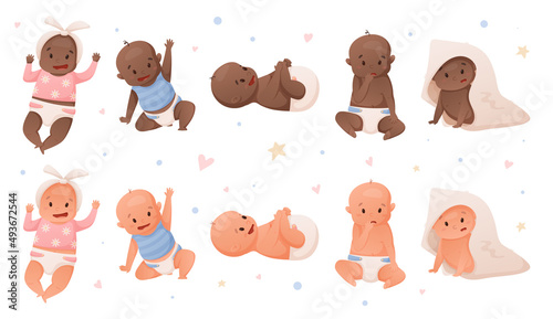 Set of isolated vector illustrations of newborn babies girls and boys in diapers.
