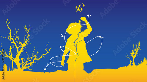 silhouette of girl in ukraine flag with flat design style