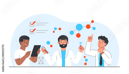 Laboratory workers concept. Men with test tubes, analysis of substances and scientific research, development of vaccine. Chemistry and reactions between substances. Cartoon flat vector illustration