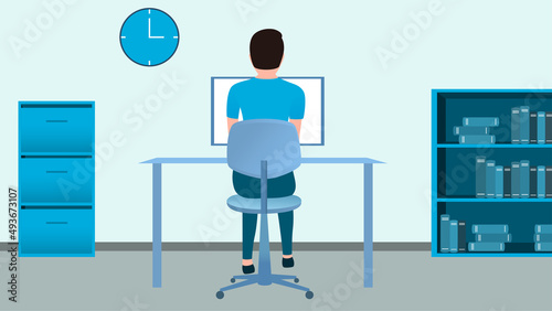 man working at office computer desk from back view, work from home and flexible work hour character vector illustration.