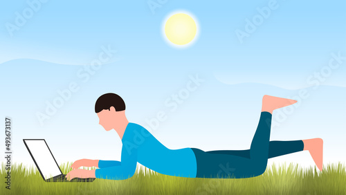 man working on laptop on garden grass, work from home and flexible work hour character vector illustration.