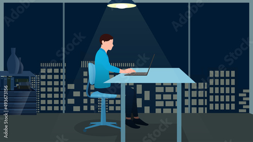 man working on laptop at office desk at midnight, work from home and flexible work hour character vector illustration.