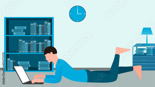 man working on laptop on the floor, work from home and flexible work hour character vector illustration.