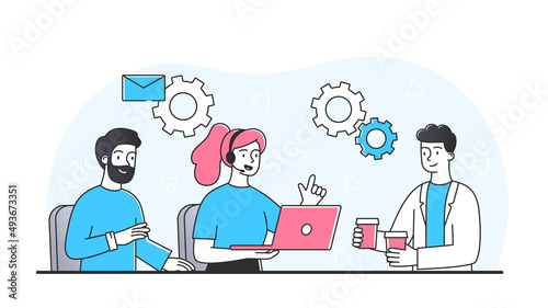 Delivery to office. Men and women in call center. Characters with laptop, modern technology concept. Office and team work, communication with clients and feedback. Cartoon flat vector illustration