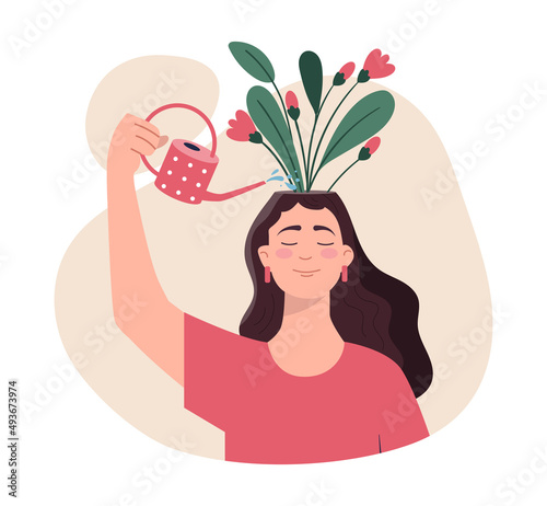Thinking positive mindset. Girl watering flowers on her head with watering can. Conscious woman optimist. Good mood and happy character. Symbol good thoughts. Cartoon flat vector illustration