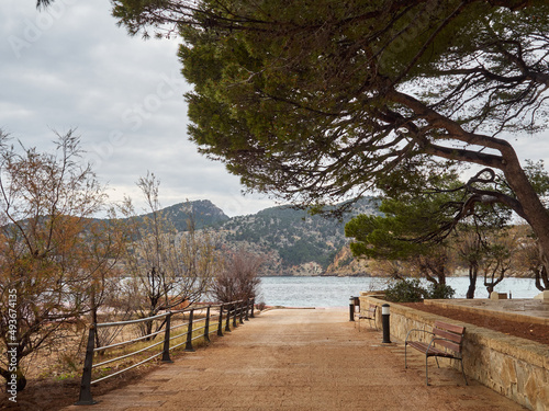 Promenade with benches in Camp de Mar  Majorca  Spain
