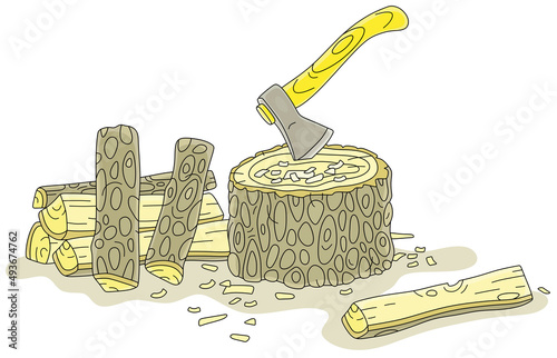Axe, an old stump and chopped billets for a fireplace and a stove in a village house, vector cartoon illustration isolated on a white background