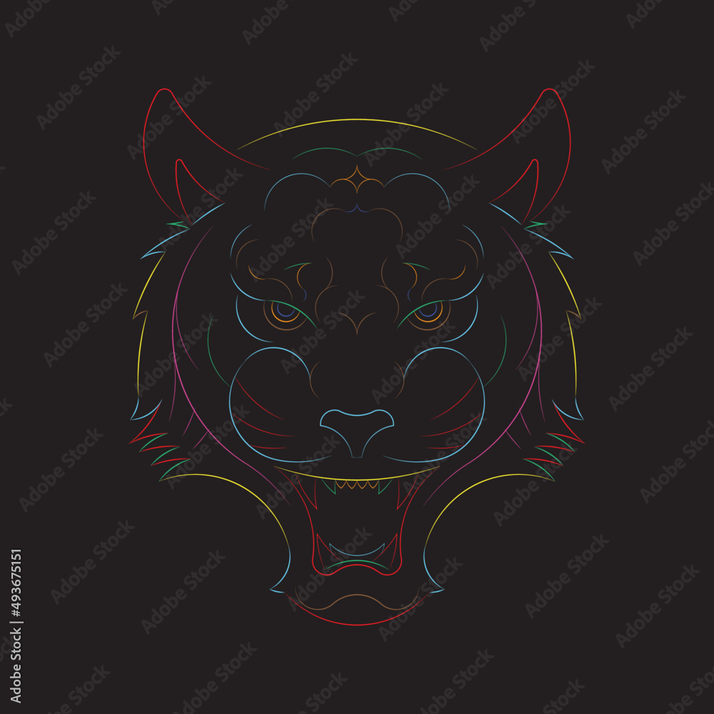 head of a tiger, multi colored line art