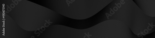 Premium abstract stripe texture on black background. Modern wavy line, guilloche curves pattern in monochrome colors. Dark horizontal vector template  for web banner, business background design. 