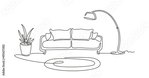 Continuous line interior with sofa, plant, carpet, lamp. One line drawing of Living room with modern furniture. Single line furniture. Hand draw contour. Bulb, flower in pot. Doodle vector