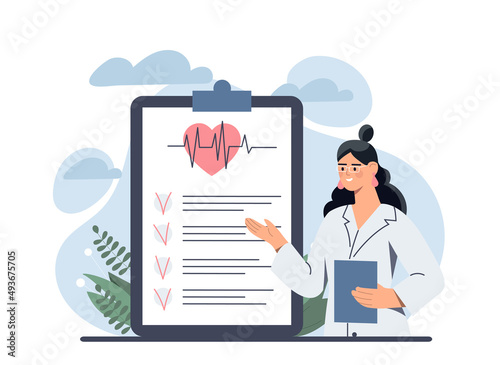 Medical checkup concept. Girl with tablet on background of documents. Results of medical researches and annual check of health. Doctor on backdrop of diagnosis. Cartoon flat vector illustration