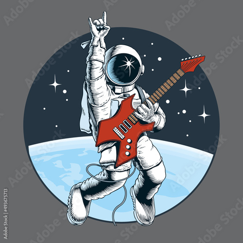 Astronaut playing electric guitar in space and gesturing devil horns sign. Space tourist. Vector illustration.