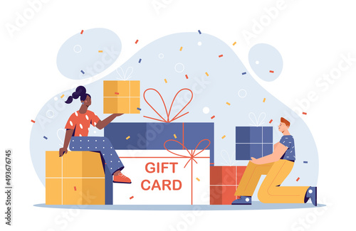 Gift card or discount coupon. Man and woman standing next to boxes and presents with ribbon and bow. Special offer from stores to congratulate client on his birthday. Cartoon flat vector illustration