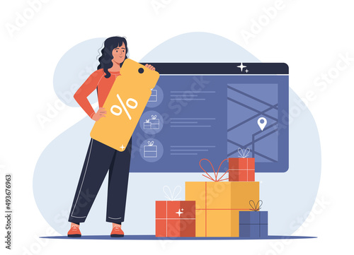 Concept of online shopping or ecommerce. Young woman holds discount coupon in her hands and receives gifts. Sale and special offer for making purchases in mobile app. Cartoon flat vector illustration