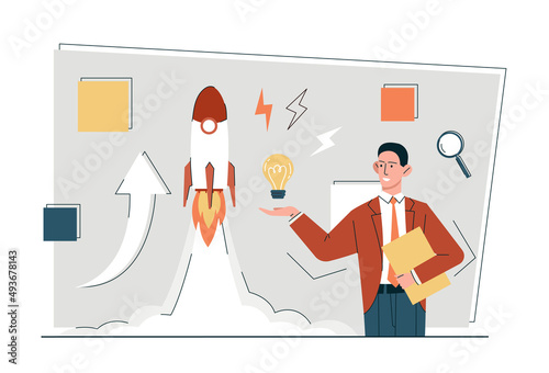 Starting new business or educational project. Young male entrepreneur holds light bulb and launches startup in form of rocket. Man promotes company and develops it. Cartoon flat vector illustration