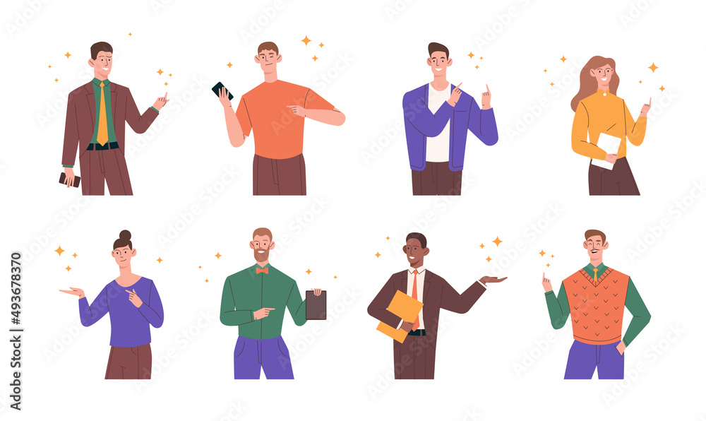 Set of happy people pointing at smth with fingers. Young men and women present product using palm gestures. Employees show and introduce. Cartoon flat vector collection isolated on white background