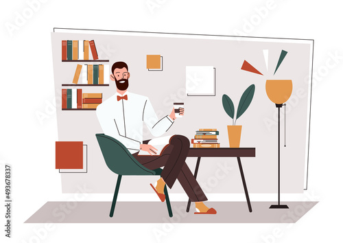 Person reading book concept. Young man sitting on comfortable chair, drinking coffee and reading interesting literature, novel or story. Hobby, break or rest at home. Cartoon flat vector illustration