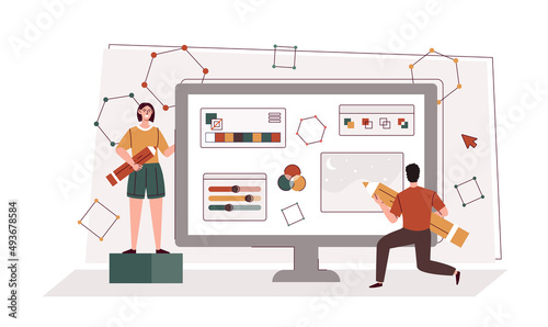 Drawing with pen in graphic editor. Young man and woman stand next to computer screen and create interface. Graphic designers or illustrators. Creative profession. Cartoon flat vector illustration
