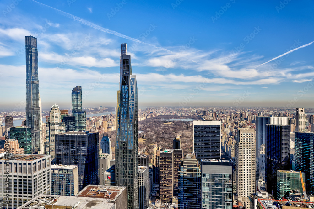 Aerial views of New York city skyline and central park