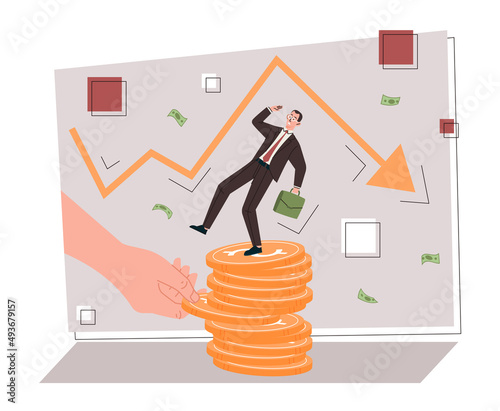 Investment risk concept. Big hand pulls coins out of stack so that investor falls and crashes. Instability and uncertainty of stock market. Loss of money. Cartoon modern flat vector illustration