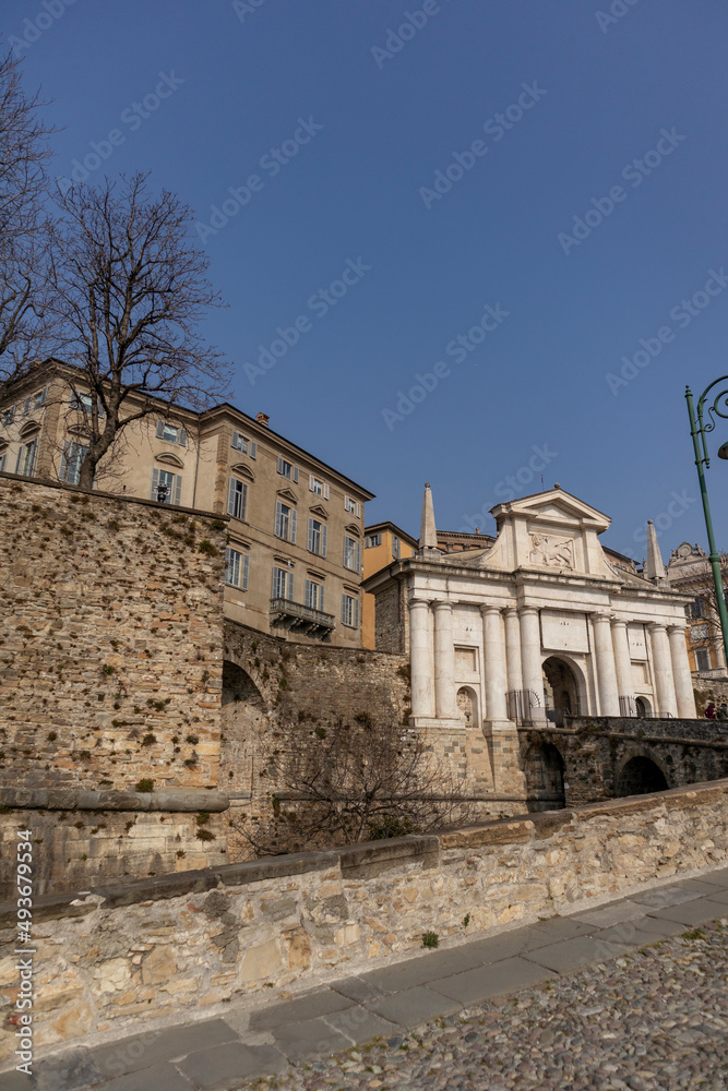 Upper town in the city of Bergamo Italy. Middle age architecture. Walled city.