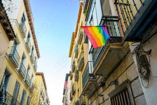 Facade of the Chueca neighborhood in the city of Madrid with a rainbow flag representing homosexual pride and the defense of LGTBI rights © MARIO MONTERO ARROYO