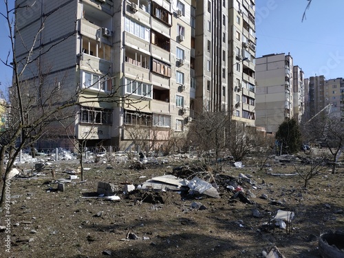 Darnytskyi district, Kyiv city, Ukraine, March 19, 2022. Russian war in Ukraine. A piece of a downed rocket hit the house.