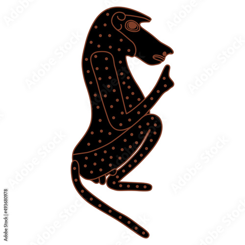 Seated male hamadryas baboon monkey or ape. Ancient Egyptian animal design. Embodiment of god Thoth. Monochrome silhouette.