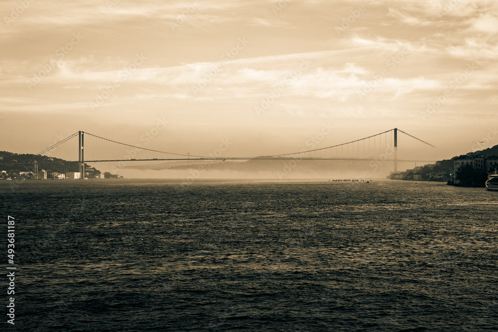 Bosphorus or 15th july martyrs' bridge at foggy weather in the morning Bosphorus or 15th july martyrs' bridge at foggy weather in the morning