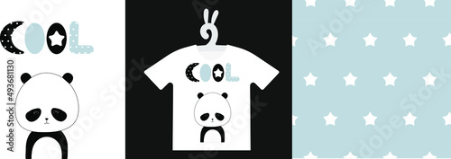 Baby Animal Prints and seamless pattern on T-shirts, sweatshirts, clothing, textile. Drawn cute baby panda. Isolated vector illustration