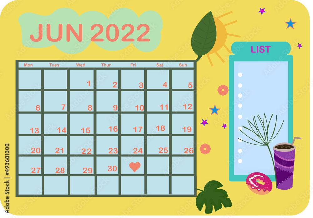 June 2022 empty calendar and to do list vector illustration art. Empty copy space. Simple flat June 2022 empty calendar and to do list vector illustration art. Empty copy space. Simple flat