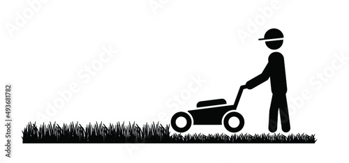 Stickman, stick figure man with lawnmower. Vector icon or pictogram. Garden tools. Grass awn mower logo. Grass cutter or grass mower sign.