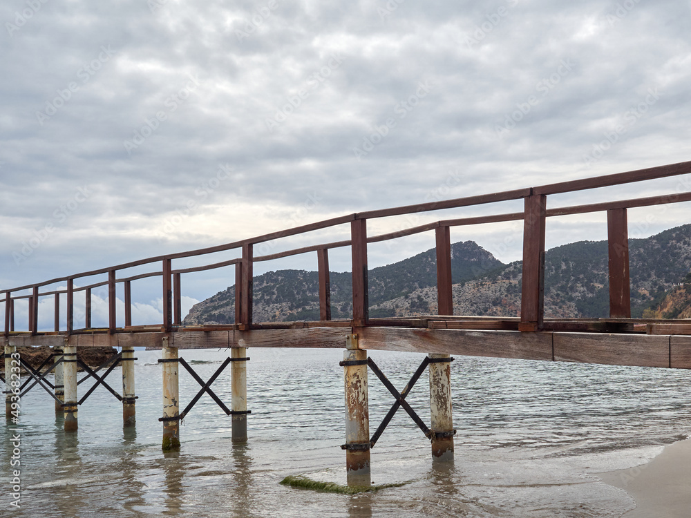 Wooden bridge in Camp de Mar, Mediterranean, Majorca, Spain