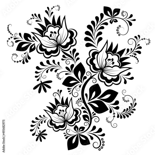 Decorative composition of flowers, leaves, elements of berries and swirls in black color on a white isolated background.Black and white creative floral pattern for design.Decorative bouquet silhouet.