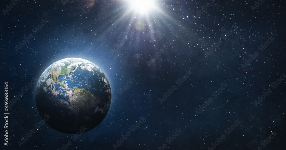 Earth planet in space. Blue marble. Space wallpaper with sun light and stars. Elements of this image furnished by NASA